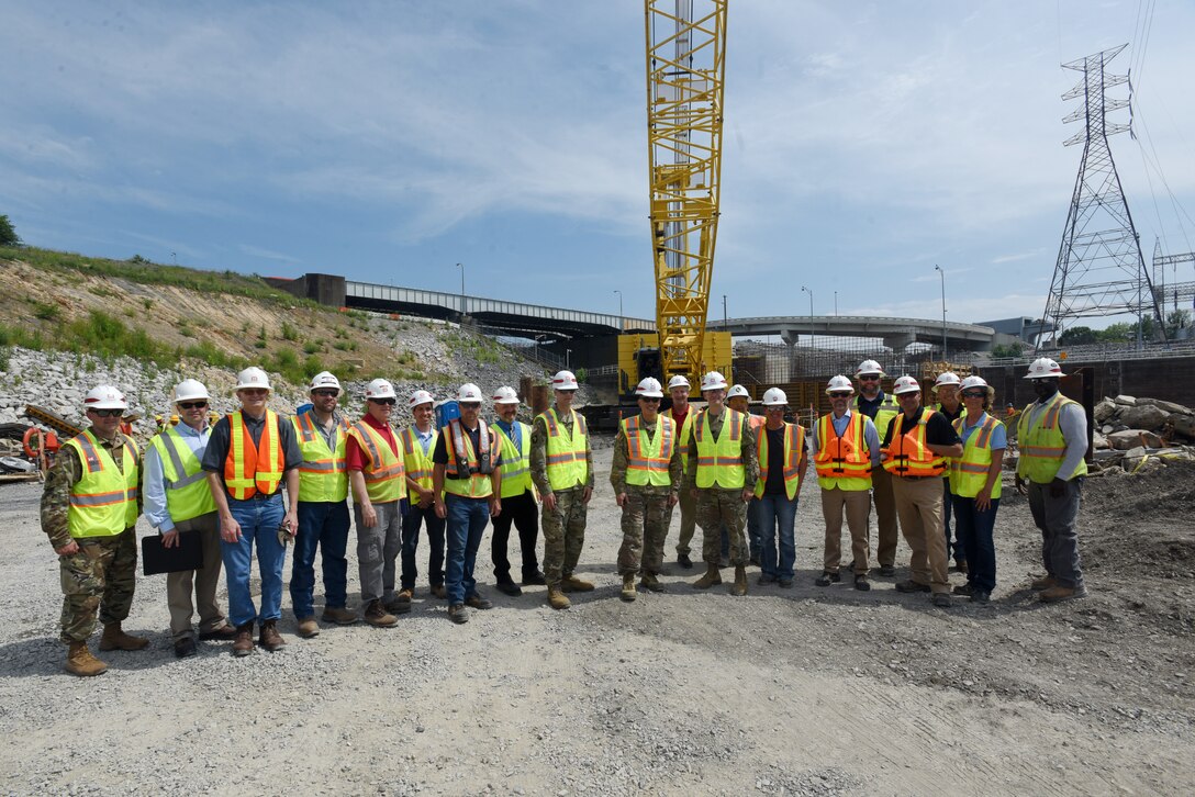 Maj. Gen. Mark Toy, U.S. Army Corps of Engineers Great Lakes and Ohio River Division commander, poses with Nashville District members during a visit to the Kentucky Lock Addition Project in Grand Rivers, Ky., June 4, 2019. (USACE photo by Lee Roberts)