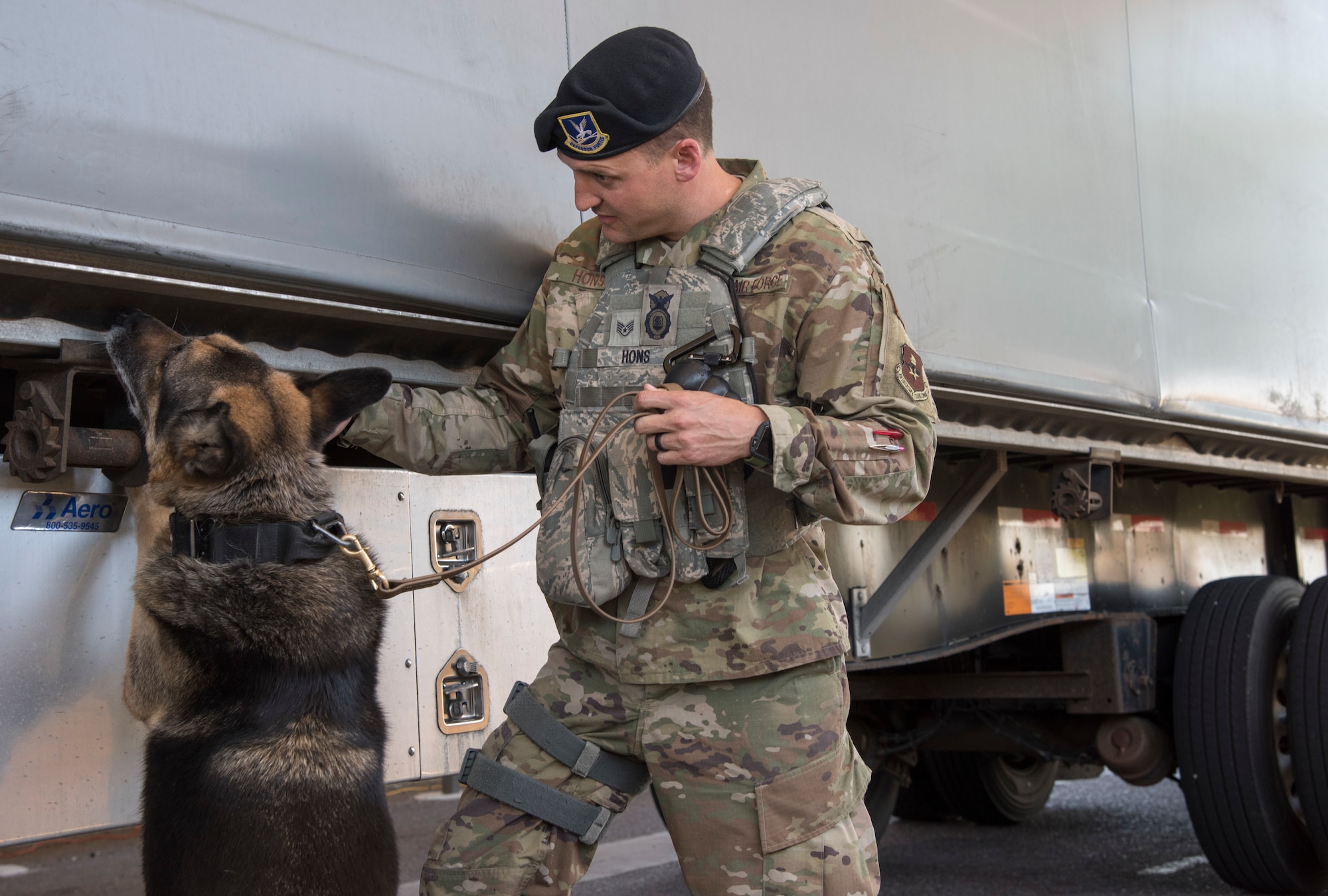 Staff Sgt. Zackery Hons, 56th Security Forces Squadron military working dog handler and his MWD inspect a truck at the Luke Air Force Base South Gate search pit May 31, 2019.