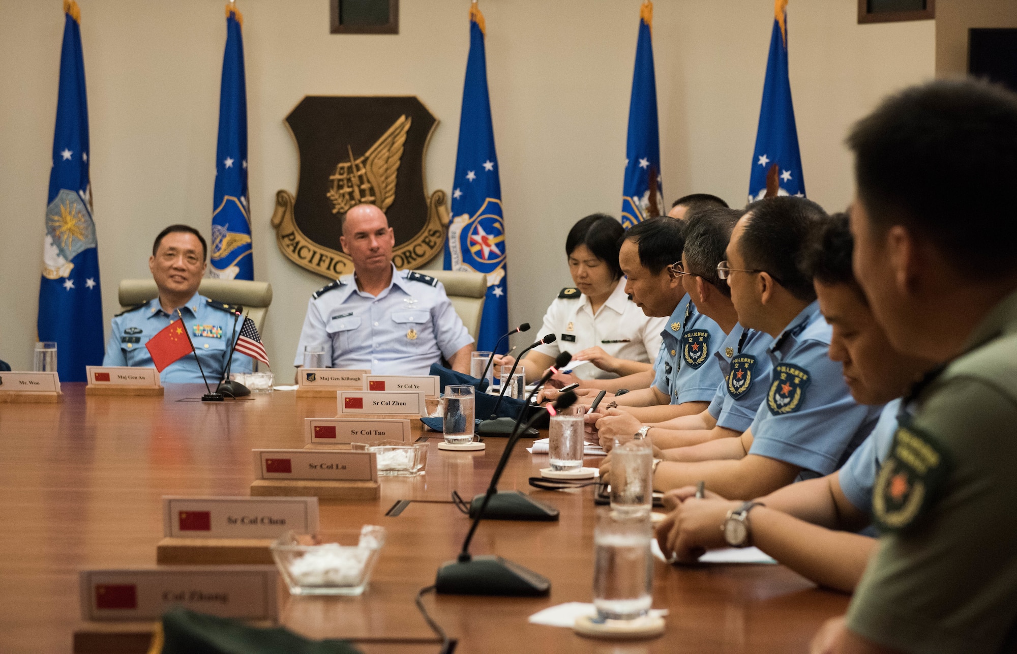 Members of the People’s Liberation Army Air Force Command College introduce themselves during a visit to Headquarters Pacific Air Forces at Joint Base Pearl Harbor-Hickam, Hawaii, May 28, 2019. This is a reciprocal visit, following on the visit that members of the U.S. Air War College took to China in March 2019.