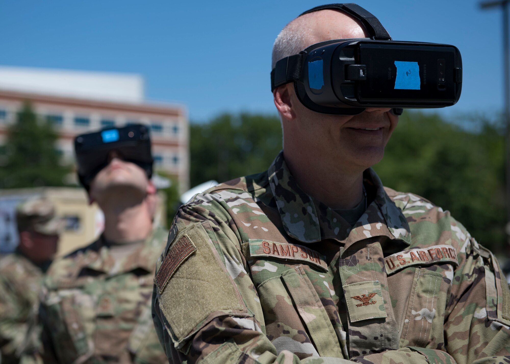 U.S. Air Force Col. James Sampson, Air Force Medical Operations Agency chief medical consultant, views a medical shelter facility with virtual reality goggles during the Manpower and Equipment Force Packaging Summit at Joint Base Langley-Eustis, Virginia, June 4, 2019. Assorted medical equipment manufacturers demonstrated their modern capabilities to members from various Air Force major commands. (U.S. Air Force photo by Airman 1st Class Monica Roybal)