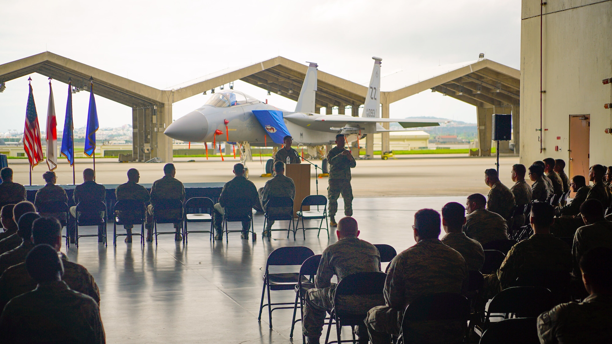 Airman from the 44th and 67th aircraft maintenance units attend a crew chief dedication ceremony May. 31, 2019 at Kadena Air Base, Japan.