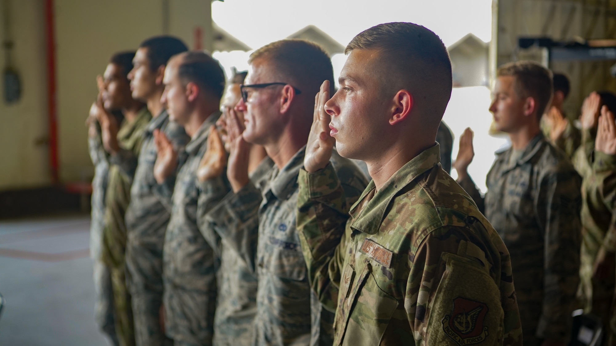 Airmen from the 44th and 67th fighter squadron recite the dedicated crew chief’s creed