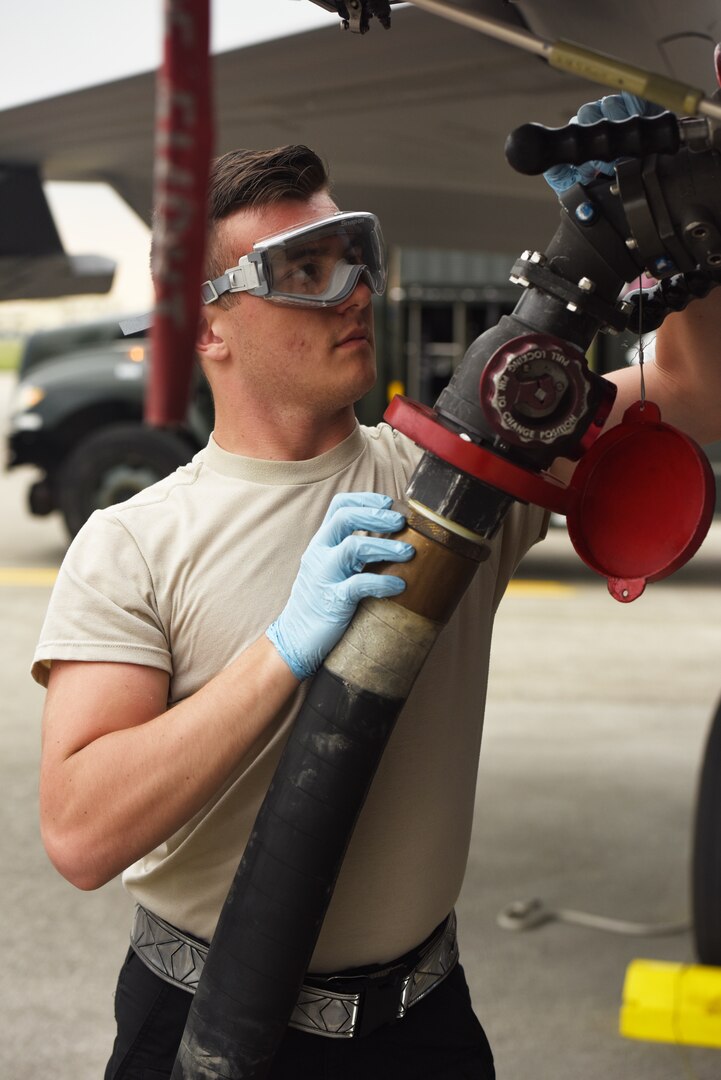 Senior Airman Chase Gilmour, 421st Aircraft Maintenance Unit crew chief, refuels an F-35A Lightning II fighter jet during Astral Knight 2019 on June 5, 2019, at Aviano Air Base, Italy. The U.S. Air Force has deployed one squadron of F-35A Lightning II fighter jets, Airmen, and associated equipment to Aviano Air Base, Italy, from the 388th and 419th Fighter Wings, at Hill AFB, Utah. (U.S. Air Force photo by Tech. Sgt. Jim Araos)
