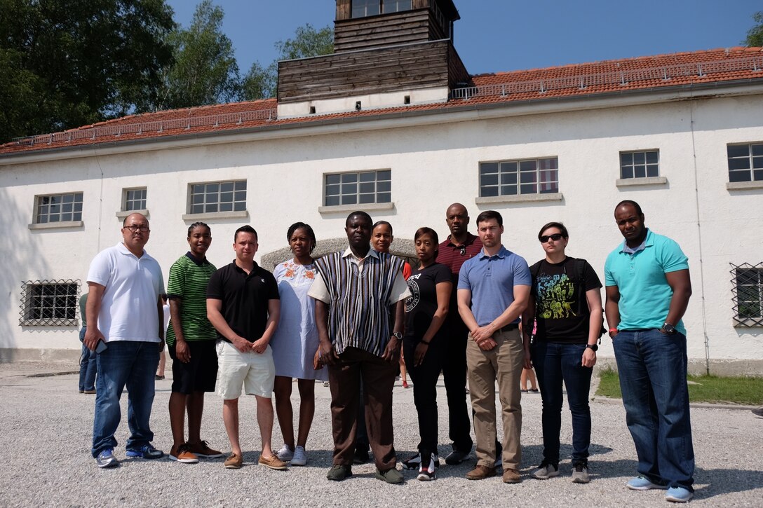 DACHAU, Germany—On the eve of the 75th anniversary of the World War II Allied D-Day invasion to end National Socialist Fascism in Europe, eight Reserve Soldiers from various units within the 7th Mission Support Command joined four active duty Soldiers from the senior leadership team of the 21st Theater Support Command´s Equal Opportunity Staff to visit the Dachau Concentration Camp Memorial on June 5, 2019.