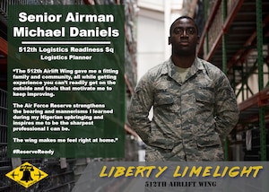 Senior Airman Michael Daniels, 512th Logistics Readiness Squadron logistics planner, stands at parade in a LRS warehouse at Dover Air Force Base, Delaware, June 5, 2019. Daniels manages, administers, and operates logistics planning systems and activities supporting the expeditionary combat support principles of preparing the battle space, readying, positioning, employing, sustaining and recovering the force. (U.S. Air force photo illustration by Staff Sgt. Damien Taylor)