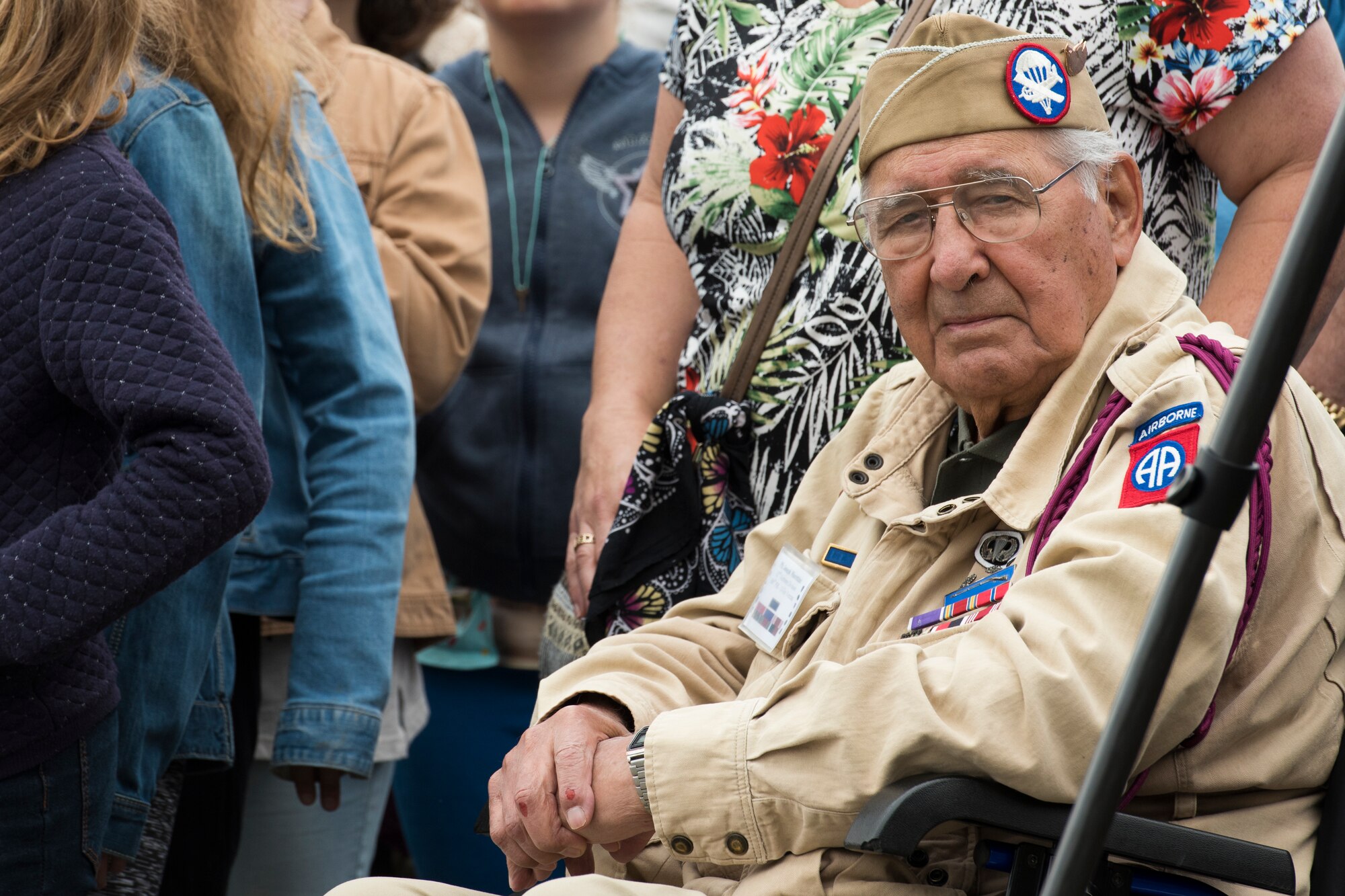 Retired U.S. Army Private First Class Joseph Morettini, 82nd Airborne, 508th Regiment, Easy Company, poses for a photo during a ceremony held in honor of all airborne troops and flight crew that served on D-Day in Picauville, France, June 4, 2019. On June 6, 1944, Morettini dropped from midnight skies into Normandy with the objective to overtake an enemy stronghold near Picauville. During the ceremony’s conclusion, Morettini remarked to each active U.S. airborne infantrymen he shook hands with: “I dropped here 75 years ago.” (U.S. Air Force photo by Senior Airman Kristof J. Rixmann)