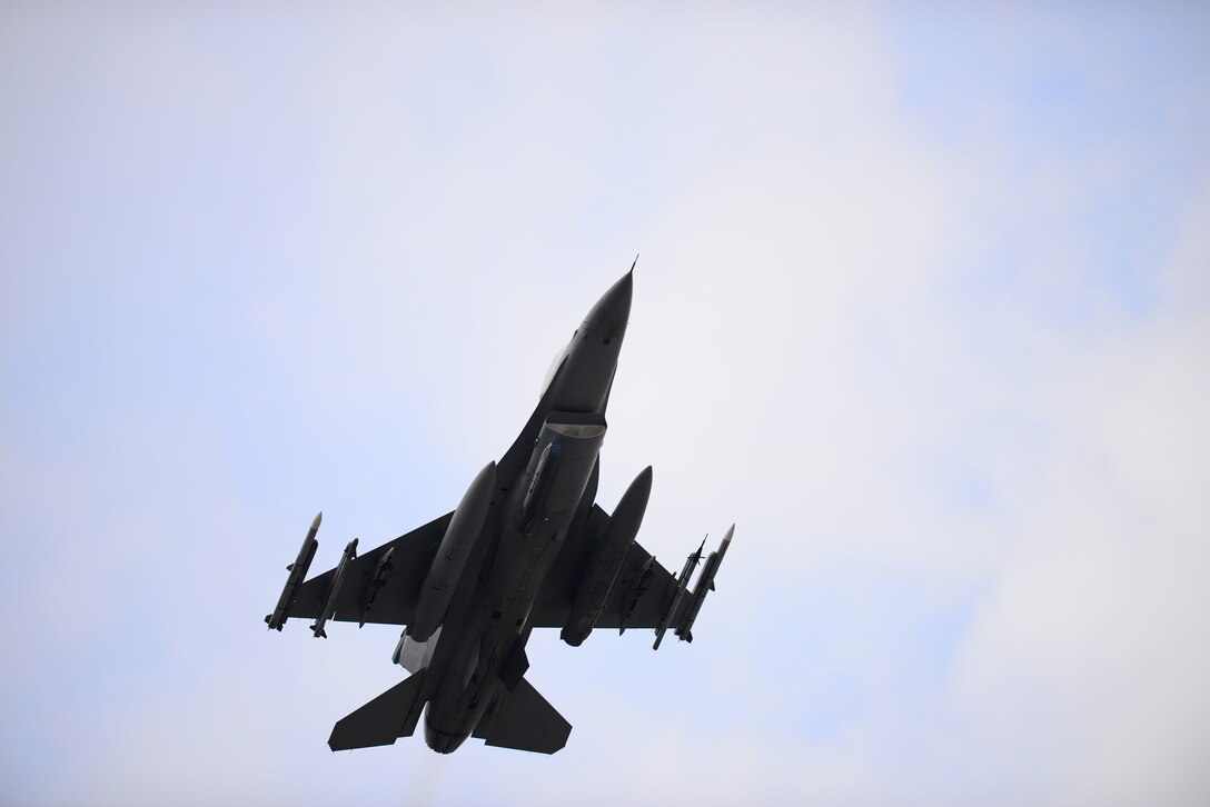 An F-16 Fighting Falcon from the 555th Fighter Squadron gains altitude during Astral Knight 2019, at Aviano Air Base, Italy, June 6, 2019.  Exercise Astral Knight 2019 takes place in various countries across Europe including Croatia and Slovenia. (U.S. Air Force photo by Airman 1st Class Caleb House)