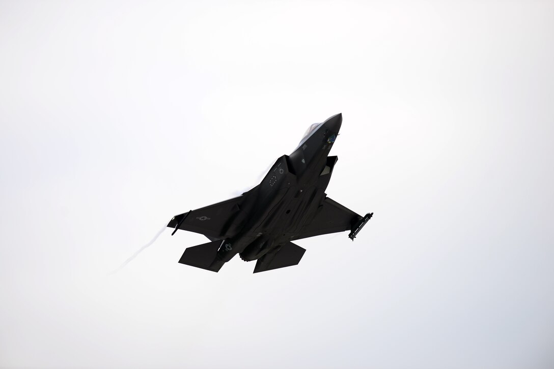 An F-35A Lightning II from the 388th and 419th Fighter Wings, at Hill Air Force Base, Utah, takes off during Astral Knight 19, at Aviano Air Base, Italy, June 6, 2019. Astral Knight 2019 is a joint and multinational exercise that will involve Airmen and Soldiers from the United States and service members from the Croatian, Italian and Slovenian armed forces. (U.S. Air Force photo by Airman 1st Class Caleb House)