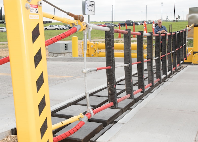 The new barrier is engaged at Arnold Gate on Whiteman Air Force Base, Missouri, on June 4, 2019, during a ribbon cutting ceremony. Updates to the barrier were made to improve safety and security. (U.S. Air National Guard photo by Senior Airman Bailey Janes)