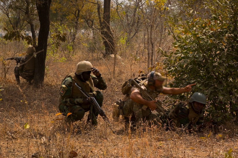 A soldier motions another soldier into position next to a shrub as others look out.