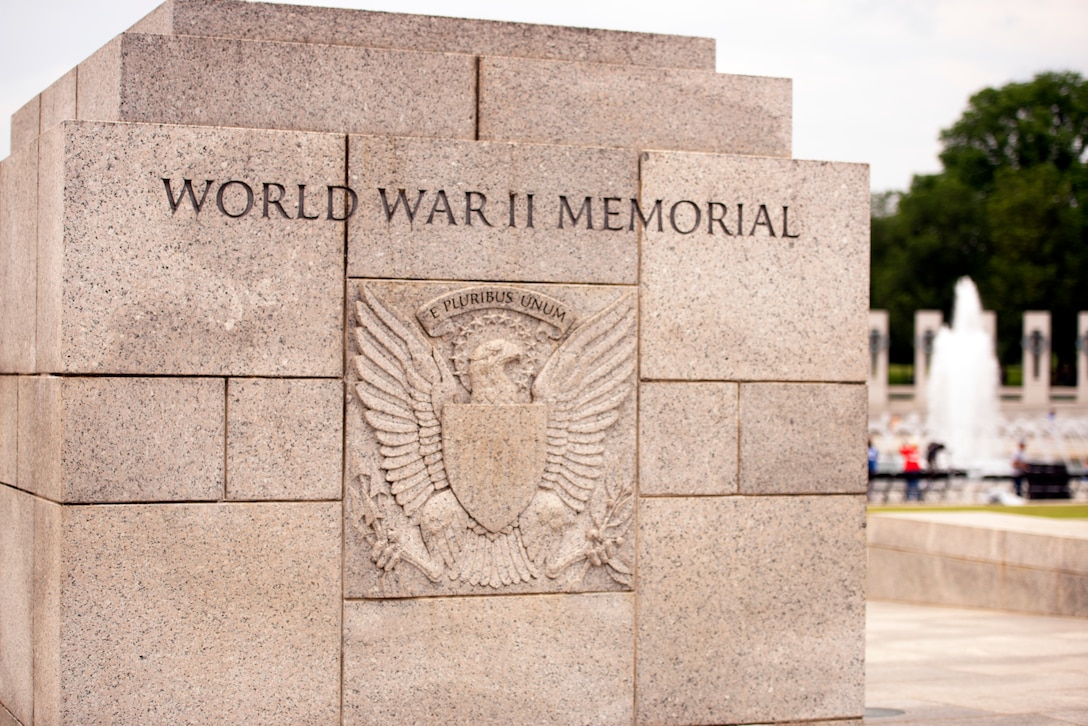 A stone block bears the words “World War II Memorial.”