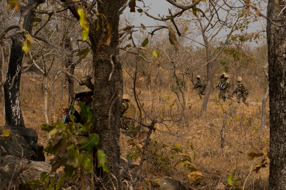 Soldier takes cover behind a tree.