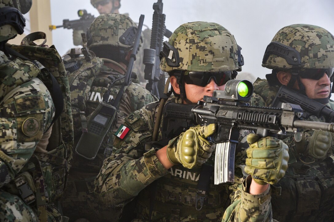 Mexican Navy personnel guard their arcs of fire during the final training scenario for the first phase of Exercise TRADEWINDS 19.
