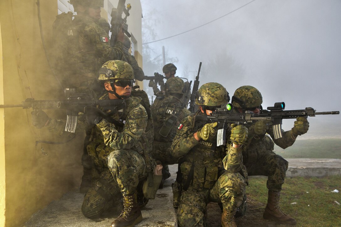 Mexican Navy personnel guard their arcs of fire during the final training scenario for the first phase of Exercise Tradewinds 19.