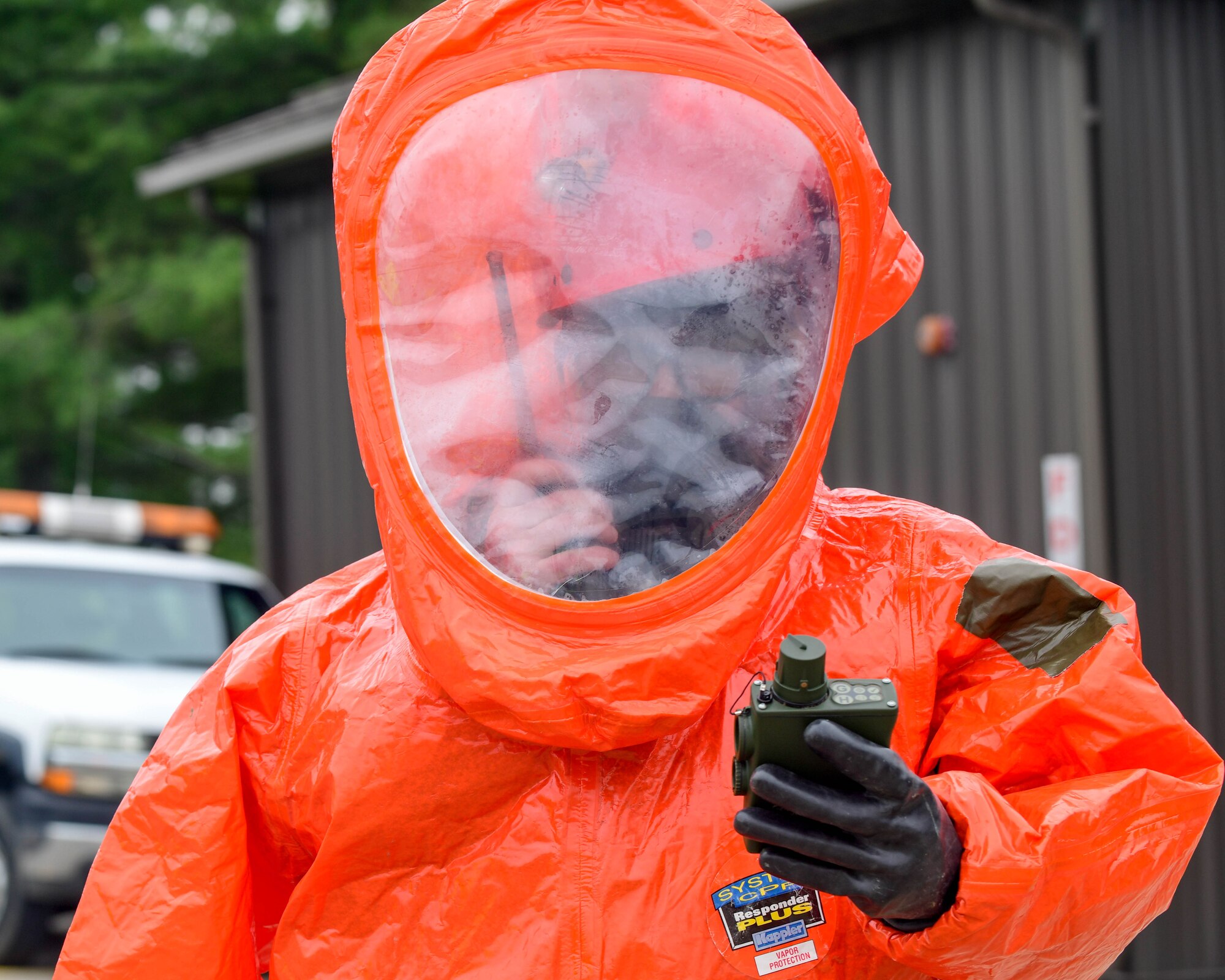 Maj. Paul Hoerig, an emergency management specialist assigned to 910th Civil Engineer Squadron here, uses a joint chemical agent detector to check for chemical agents in the area during a weapons of mass destruction exercise here, May 5, 2019.