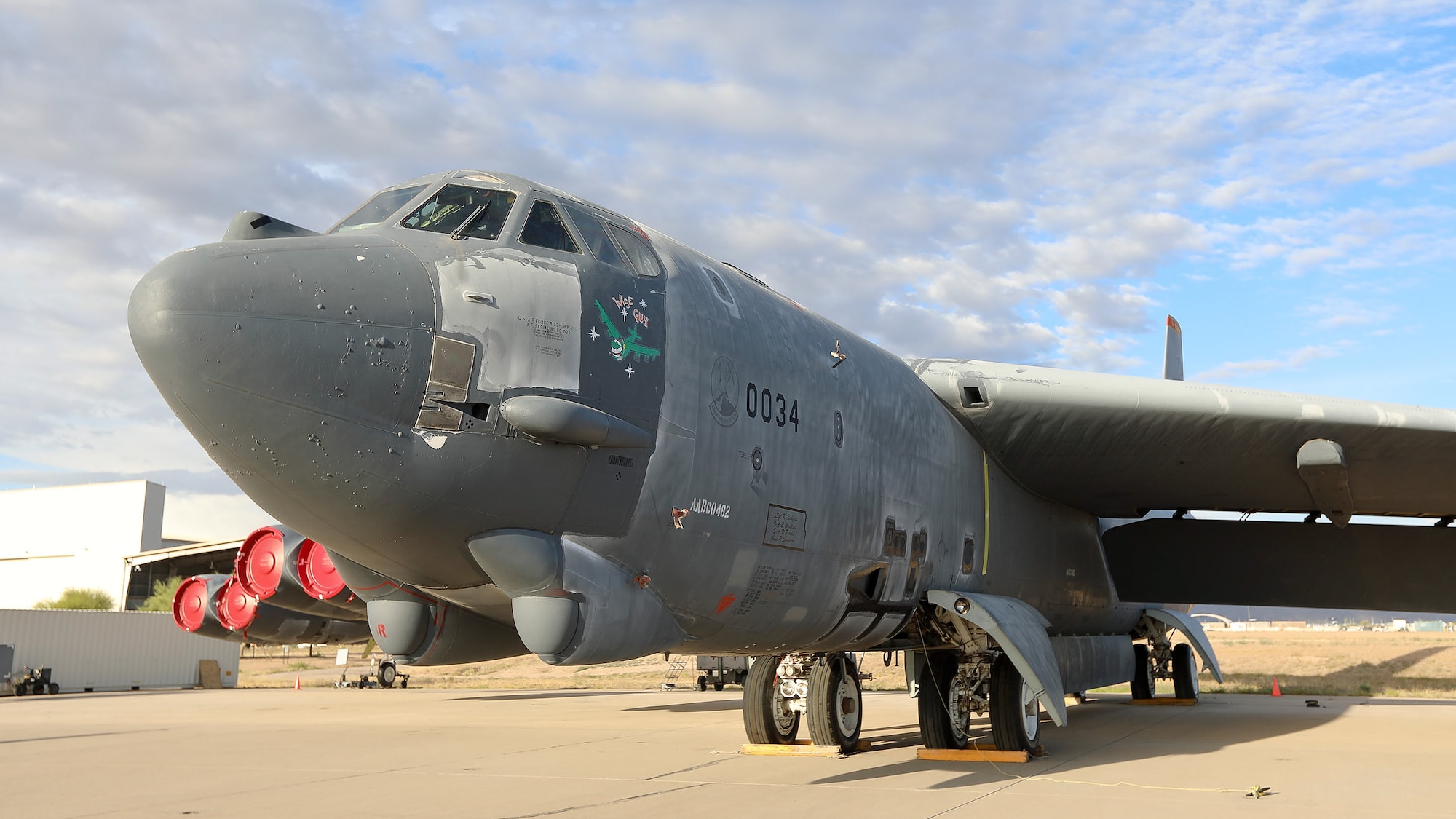 A B-52H Stratofortress, nicknamed "Wise Guy," on the ramp at Davis-Monthan Air Force Base, Ariz., March 12, 2019. The B-52H completed phase one of its regeneration process at the 309th Aerospace Maintenance and Regeneration Group. It is being returned to service to replace a B-52 lost during takeoff in 2016. (U.S. Air Force photo by Teresa D. Pittman)