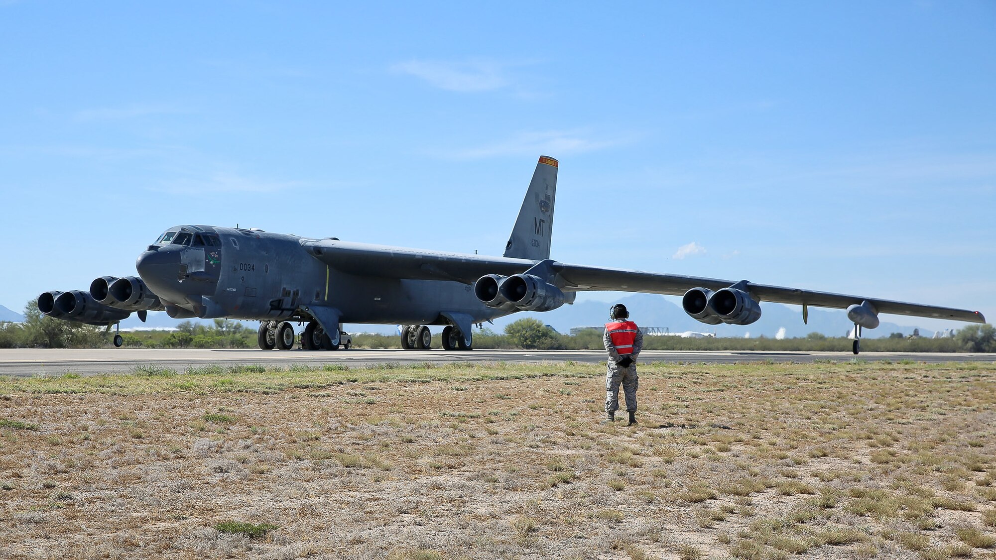 A B-52H Stratofortress, nicknamed "Wise Guy," taxis at Davis-Monthan Air Force Base, Ariz., May 14, 2019. The aircraft had been sitting at the 309th Aerospace Maintenance and Regeneration Group at Davis-Monthan AFB, Arizona, since 2008. It is being returned to service to replace a B-52 lost during takeoff in 2016. (U.S. Air Force photo by Col. Jennifer Barnard)