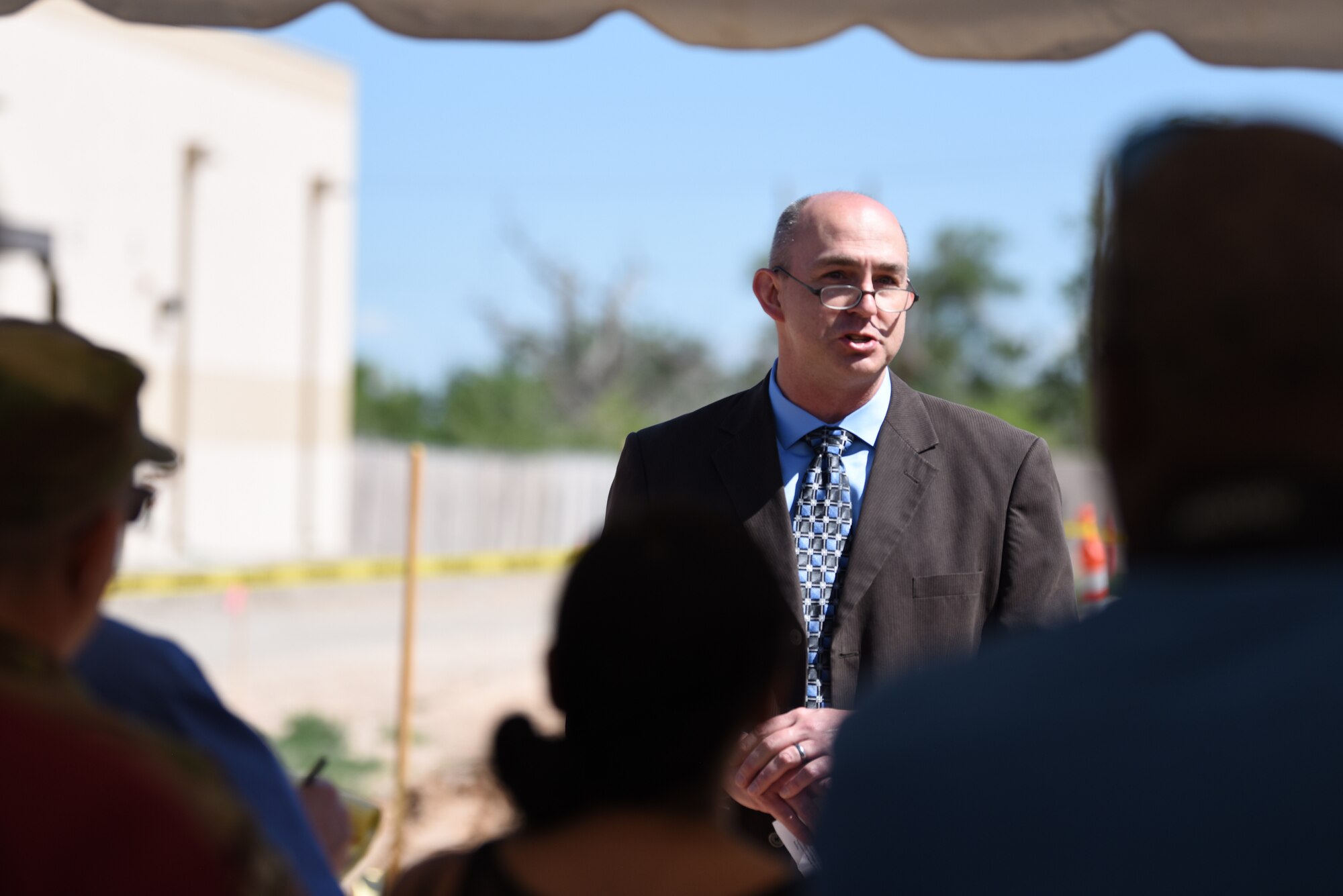Brian Engberg, Air Force Research Laboratory Space Control Technologies Branch chief, speaks at a groundbreaking ceremony at Kirtland Air Force Base, N.M., June 6, 2019. At the ceremony, construction officially began on the Space Control Laboratory, a new facility that will have 26,000 square feet of laboratory, office and administrative space. (U.S. Air Force photo by Senior Airman Eli Chevalier)