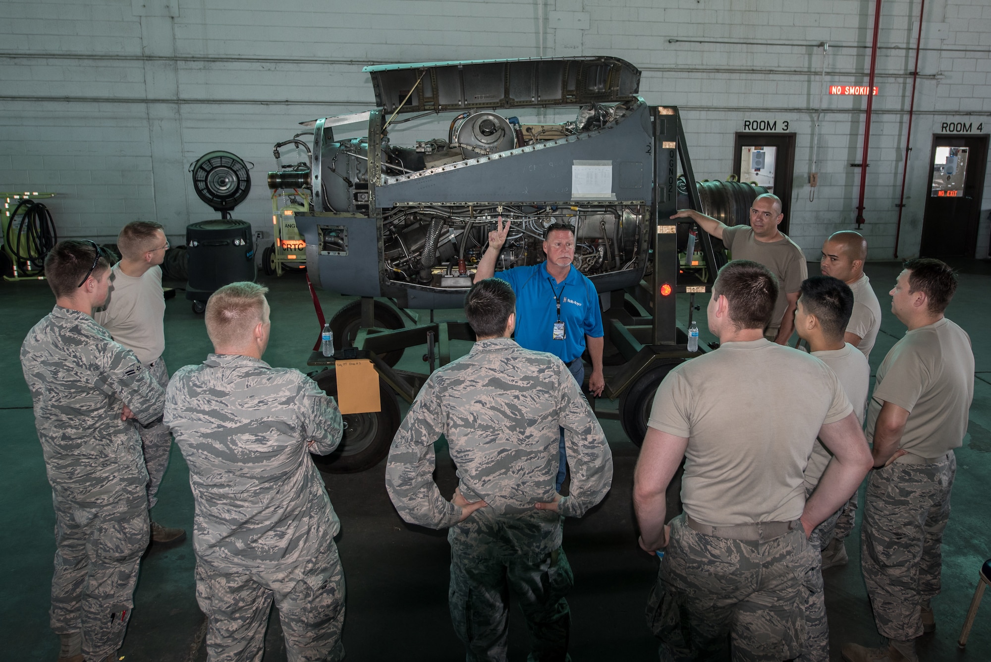 Roger Snow, a representative from Rolls-Royce North America, leads an engine familiarization class at Maintenance University in Savannah, Ga., May 20, 2019. The four-day intensive course was held at the Combat Readiness Training Center May 19 to 22.