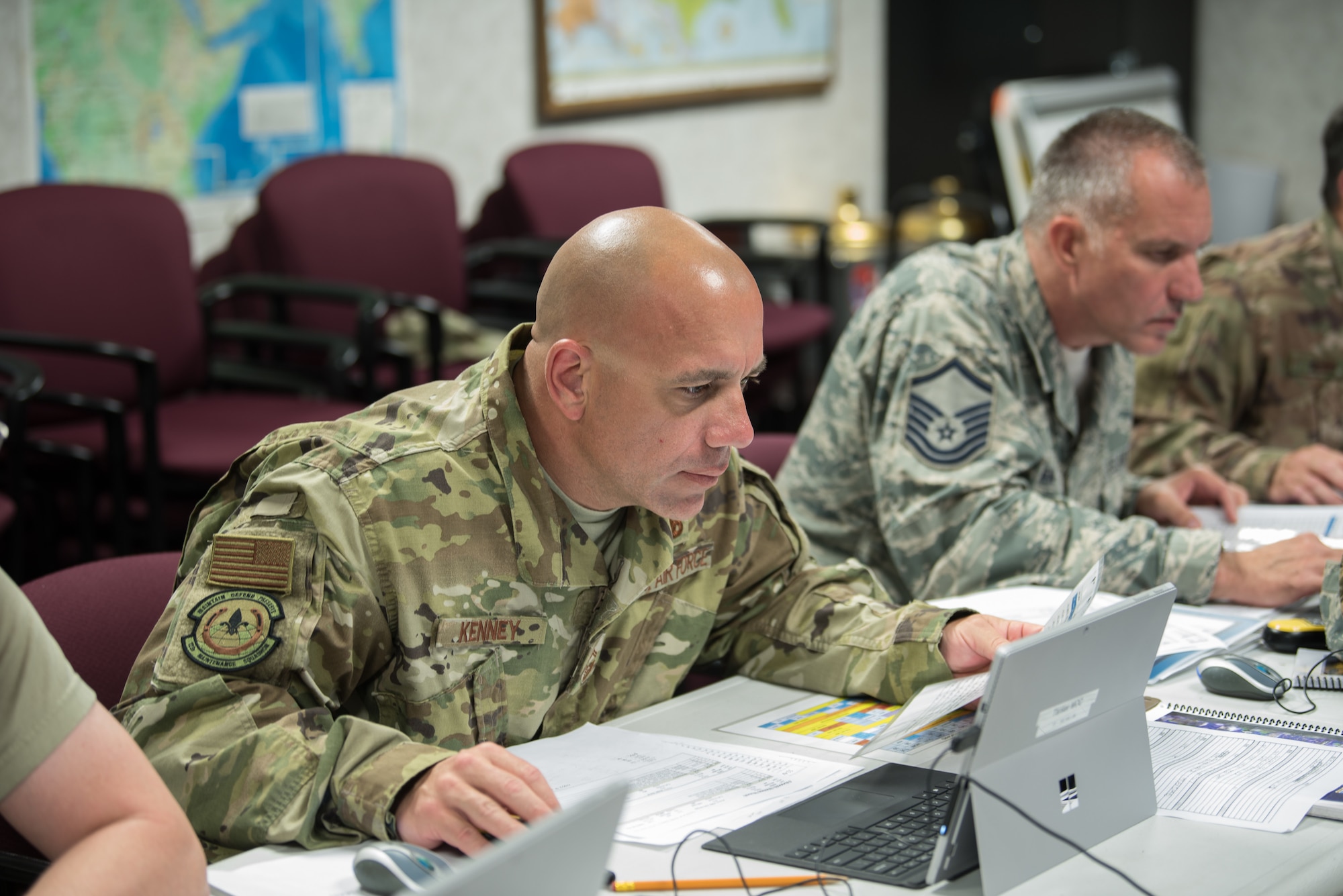 Senior Master Sgt. Tim Kenney, a fabrication element supervisor in the Kentucky Air National Guard, completes his capstone training module in the Production Supervisor Course during Maintenance University in Savannah, Ga., May 21, 2019. The four-day intensive event was held at the Combat Readiness Training Center from May 19 to 22.