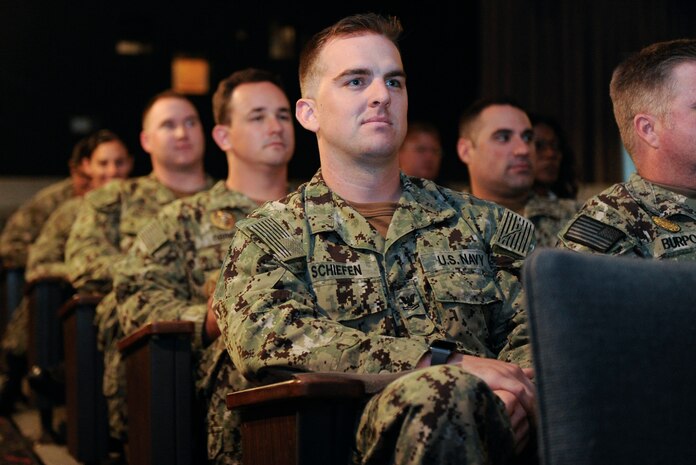 U.S. Sailors listen to a proclamation reading during a Battle of Midway commemoration, June 6, 2019, at Joint Base Charleston’s Naval Weapons Station, S.C. The ceremony highlighted the contributions of U.S. Sailors to the success at Midway during World War II. The Battle of Midway took place between June 4, 1942, and June 7, 1942, six months after Japan's attack on Pearl Harbor. (U.S. Air Force photo by Senior Airman Thomas T. Charlton)