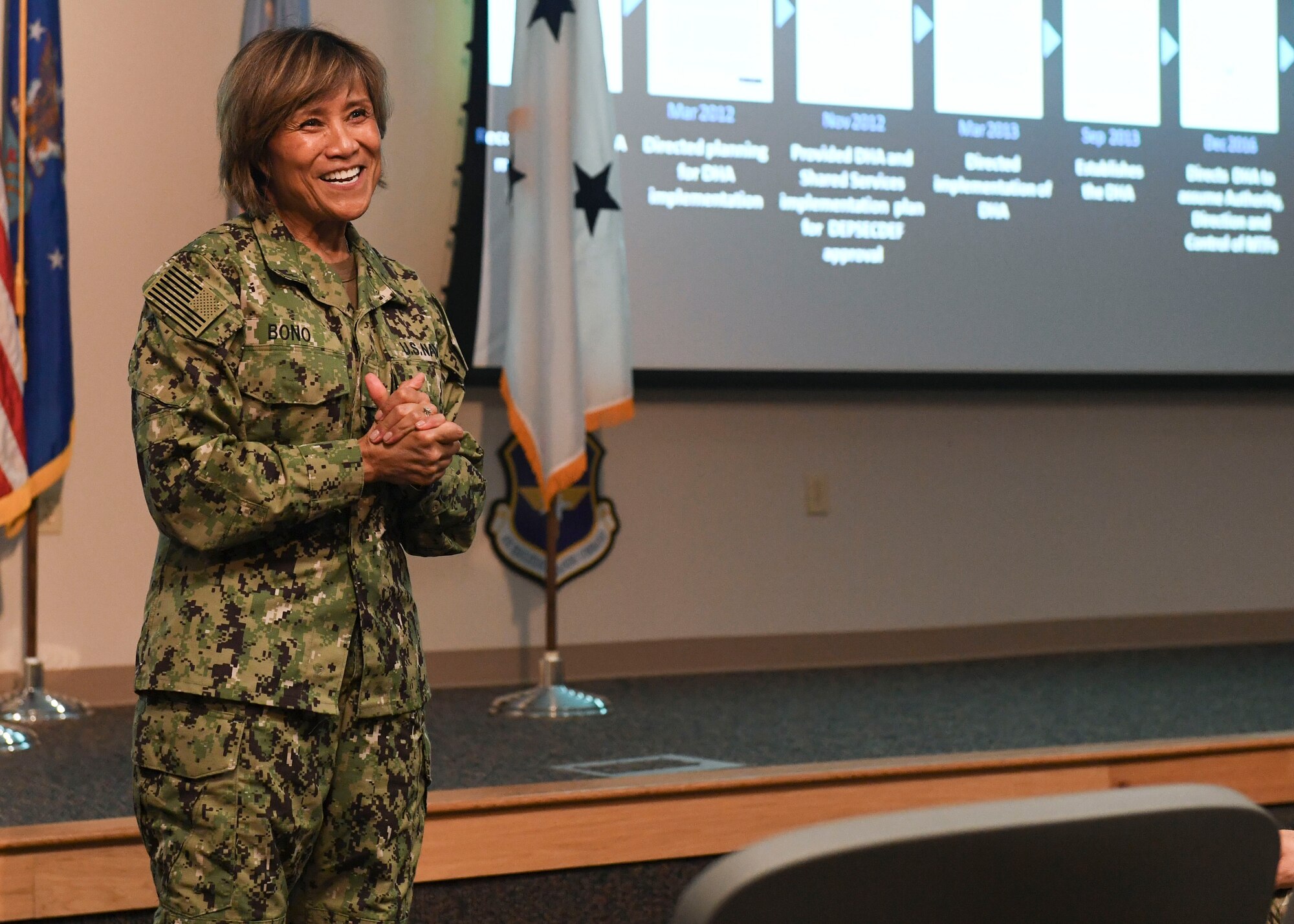 U.S. Navy Vice Adm. Raquel Bono, Defense Health Agency director, speaks at a town hall June 5, 2019 at Tyndall Air Force Base, Florida.