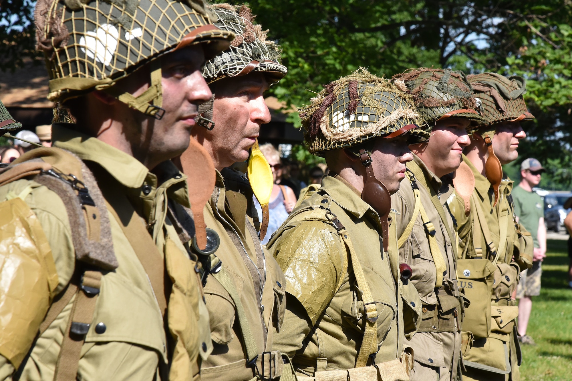 Reenactors from Living History portray the 101st Airborne Division, 502 Parachute Infantry Regiment, 3rd Battalion, B and I Companies during a wreath laying ceremony on June 6 in Memorial Park at the National Museum of the U.S. Air Force, Wright-Patterson Air Force Base. (U.S. Air Force photo/Ken LaRock)