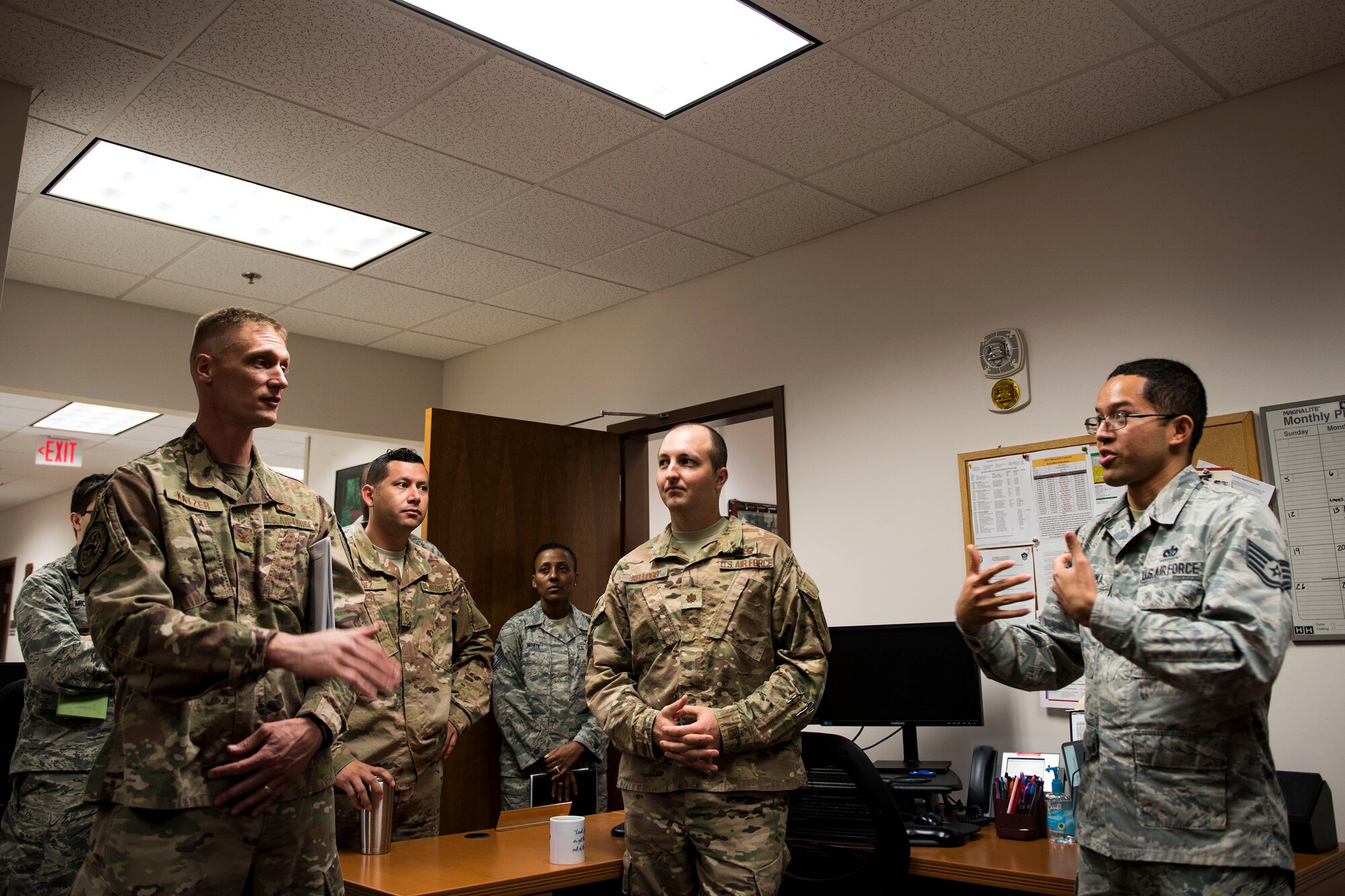 Staff Sgt. Luis Lopez, right, 23d Civil Engineer Squadron (CES) NCO in charge of customer service, briefs Col. Dee Jay Katzer, left, command engineer for Air Combat Command (ACC), during a squadron tour, May 22, 2019, at Moody Air Force Base, Ga. Katzer’s first visit to Moody consisted of a base tour, along with visiting various 23d CES shops. He also observed Airmen from the 23d CES conduct airfield recovery training. “As COMACC’s Civil Engineer Division Chief, it’s important that Katzer understand the missions of the 23d Wing, 93d Air Ground Operations Wing and their mission partners that rely on Moody and Avon Park Air Force Range,” said Lt. Col. Michael Francis, 23d CES commander. “This allows Katzer and his staff to better advocate for the engineering and facility requirements needed to enable the 23d CES’s operational missions here.” (U.S. Air Force photo by Senior Airman Erick Requadt)