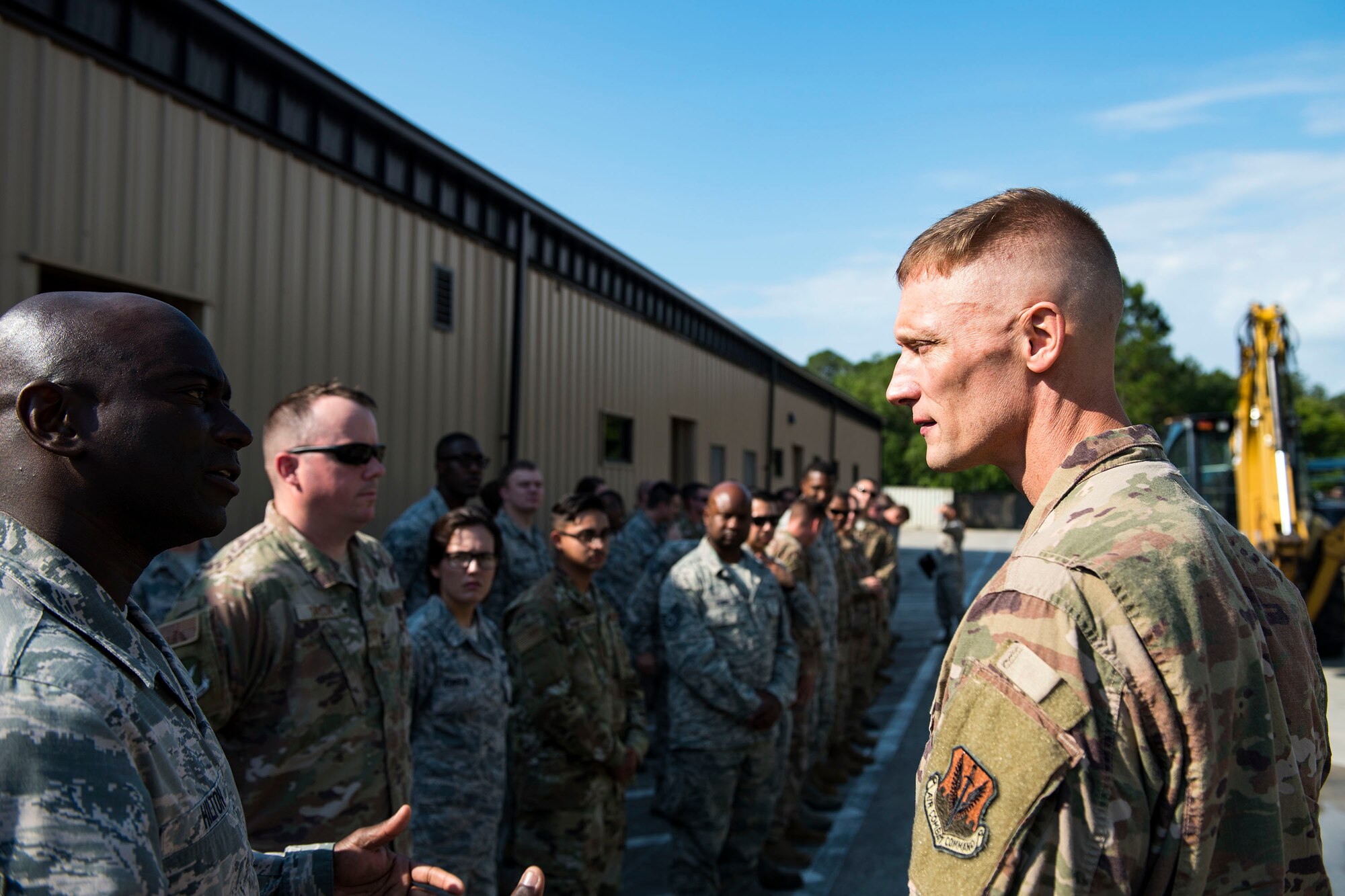 Master Sgt. Brandon Hilton, left, 23d Civil Engineer Squadron (CES) NCO in charge of electrical systems, briefs Col. Dee Jay Katzer, command engineer for Air Combat Command (ACC), during a squadron tour, May 22, 2019, at Moody Air Force Base, Ga. Katzer’s first visit to Moody consisted of a base tour, along with visiting various 23d CES shops. “(The visit) gives Katzer the opportunity to directly interact with the Airmen of the squadron,” said Lt. Col. Michael Francis, 23d CES commander. “He can see what we’re doing to get after our own squadron’s lethality and readiness, and how we enable all of Moody’s missions day in and day out.”  (U.S. Air Force photo by Senior Airman Erick Requadt)