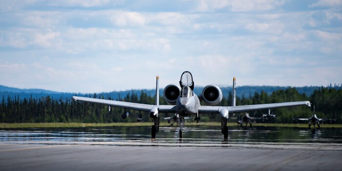 An A-10 Thunderbolt II from the 25th Fighter Squadron, Osan Air Base, Republic of Korea, taxis on the runway at Eielson Air Force Base, Alaska, June 5, 2019. The 25th FS was participating in Exercise Distant Frontier, a supplemental training event for units who arrived early for Exercise Red Flag-Alaska or stayed after Exercise Northern Edge. (U.S. Air Force photo  by Senior Airman Stefan Alvarez)