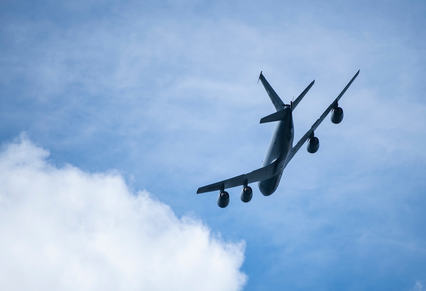 A KC-135 Stratotanker from the 168th Wing flies overhead Eielson Air Force Base, Alaska, June 5, 2019. The 168th WG is the only arctic refueling unit in the United States and trains with various units during exercise Red Flag-Alaska. (U.S. Air Force photo  by Senior Airman Stefan Alvarez)