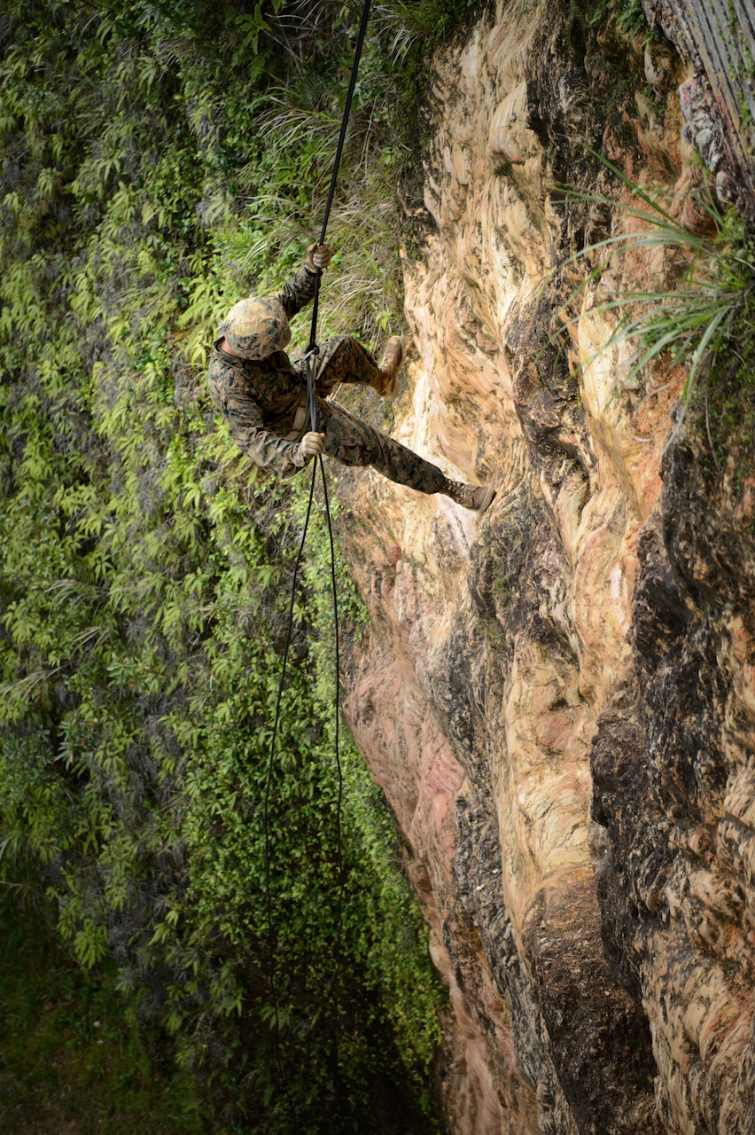 A sailor repels down a large rock face.