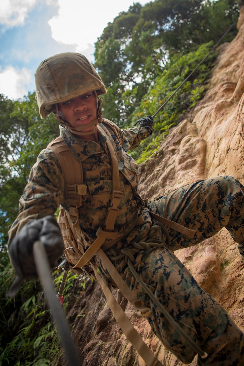 A sailor repels down a large rock face.