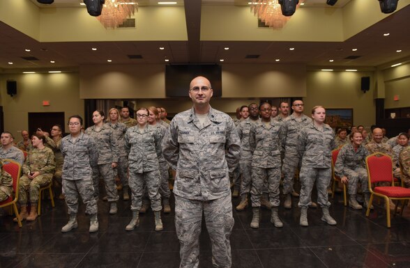 Airmen assigned to the 39th Medical Operations Squadron stand in formation during their squadron’s change of command ceremony June 7, 2019, at Incirlik Air Base, Turkey. The change of command ceremony signifies the transfer of leadership from one commander to another. (U.S. Air Force photo by Staff Sgt. Matthew J. Wisher)