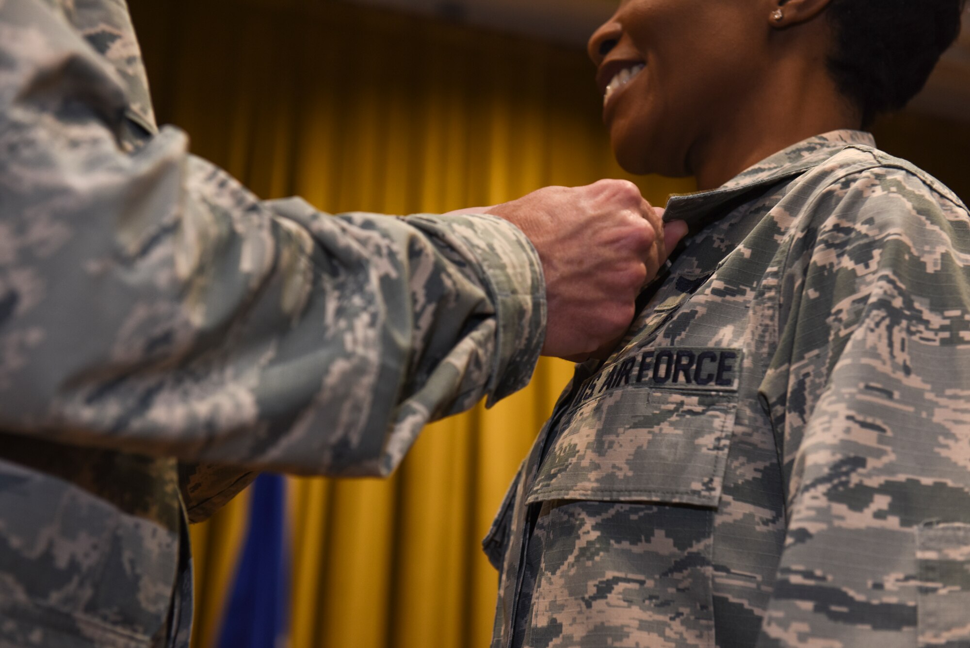 Col. Christopher Estridge, 39th Medical Group commander, left, pins a meritorious service medal on Lt. Col. Sarah Evans, 39th Medical Operations Squadron outgoing commander, June 7, 2019, at Incirlik Air Base, Turkey. During her tenure, Evans commissioned a 114-member team across seven flights and delivered $26 million in patient care. (U.S. Air Force photo by Staff Sgt. Matthew J. Wisher)