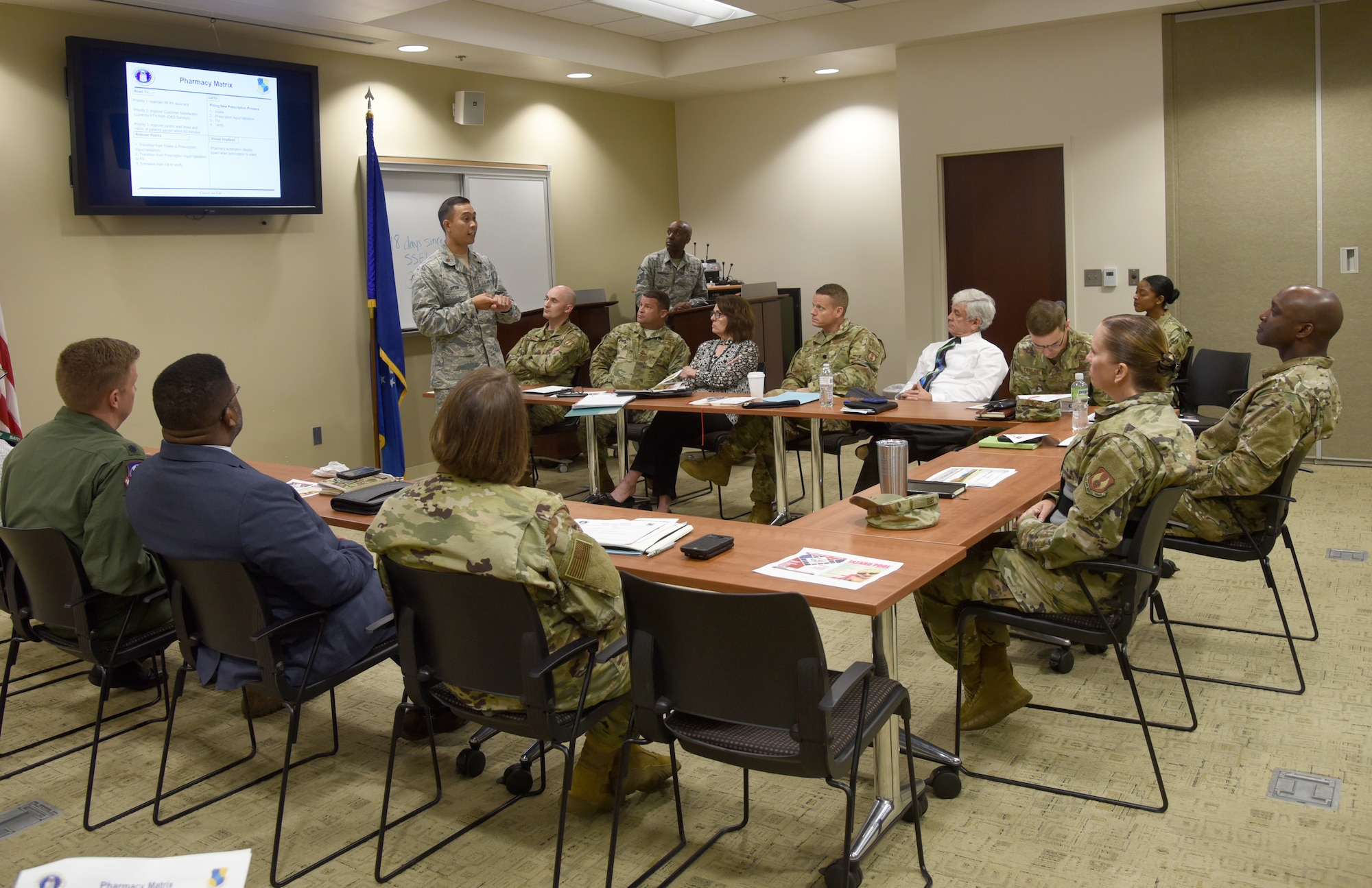 Pharmacy Manager Maj. Karl Bituin with the 72nd Medical Group, informs 72nd Air Base Wing senior leaders of priorities the group has to improve patient experience at their Art of the Possible Walk the Wall event on May 28.