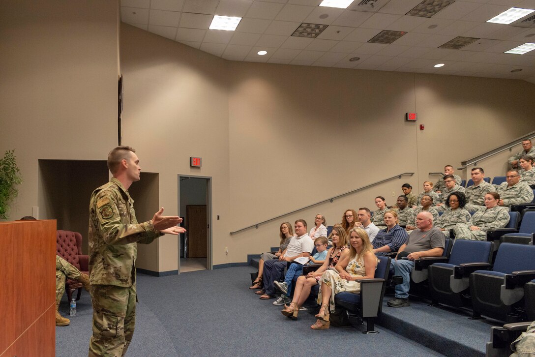 Maj. Ben Hulsey, 913th Force Support Squadron commander, praises the support from his family and Airmen during an assumption of command ceremony on June 2, 2019, at Little Rock Air Force Base, Ark.