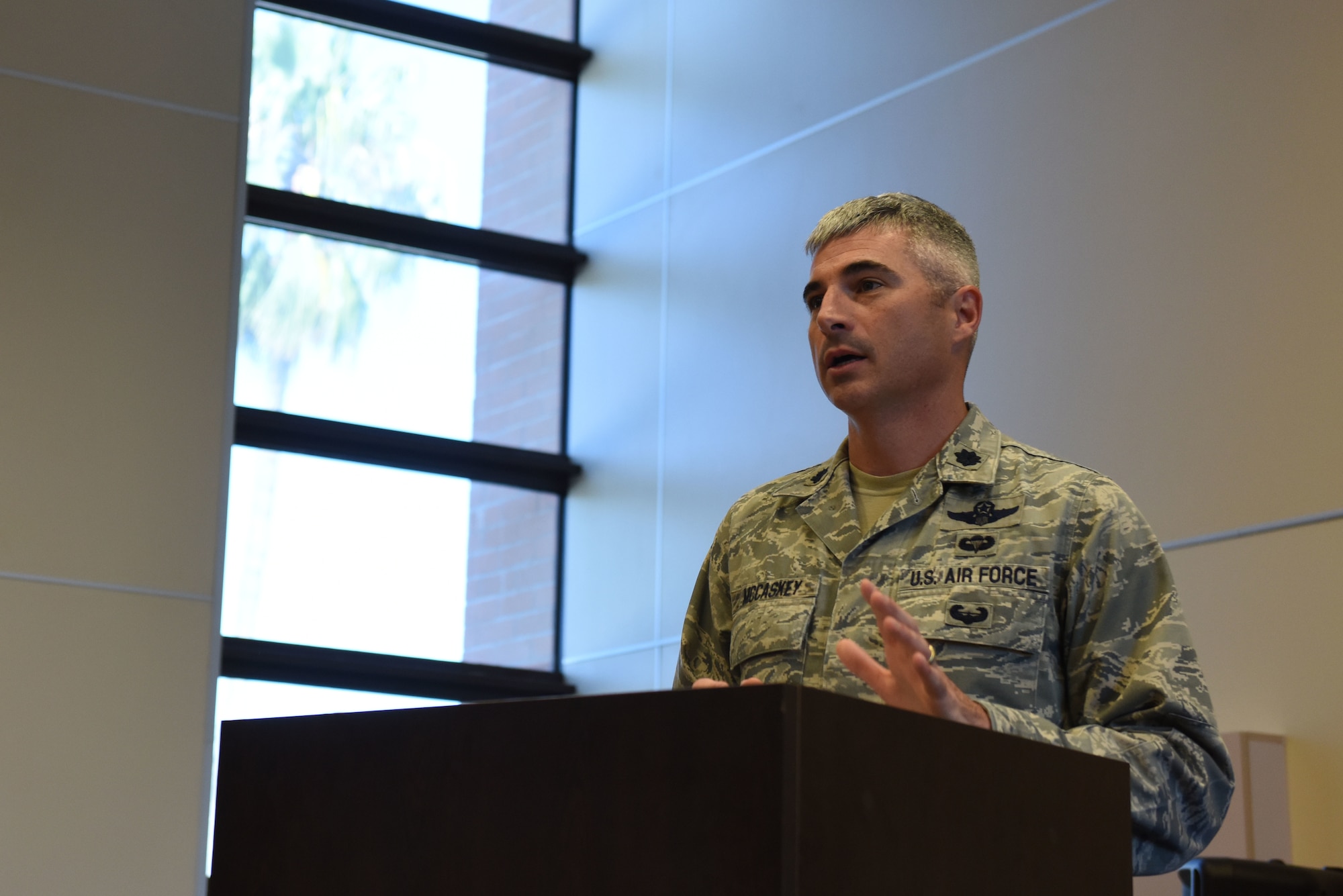 Lt. Col. Kevin K. McCaskey, 39th Operations Support Squadron commander, gives a speech during his change of command ceremony on June 6, 2019, on Incirlik Air Base, Turkey. McCaskey assumed command of the 39th OSS from Lt. Col. John A. Talafuse, and expressed his enthusiasm about leading the squadron. (U.S. Air Force photo by Senior Airman Joshua Magbanua)