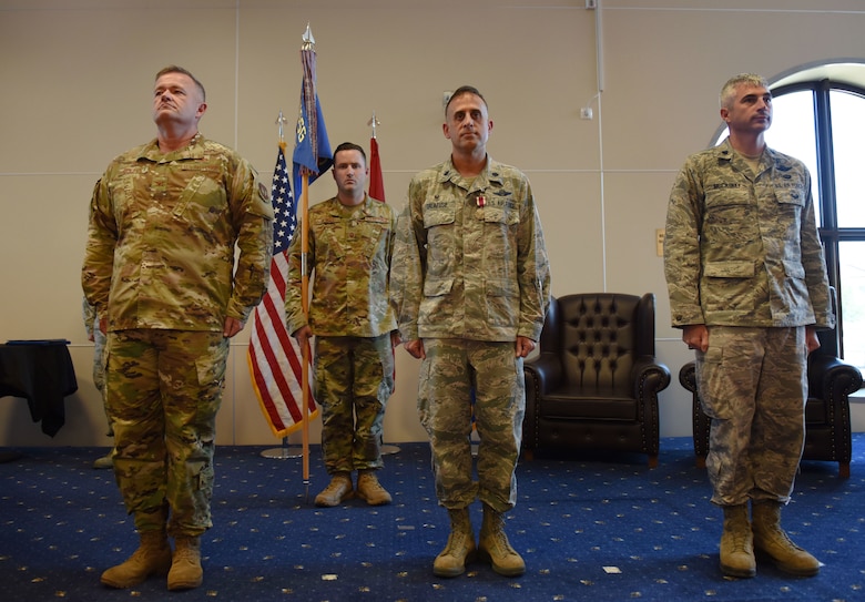 Leadership from the 39th Weapons System Security Group and 39th Operations Support Squadron conducts a change of command ceremony June 6, 2019, at Incirlik Air Base, Turkey. According to Air Force regulations, the primary purpose of a change of command ceremony is to allow subordinates to witness the formal command change from one officer to another. (U.S. Air Force photo by Senior Airman Joshua Magbanua)