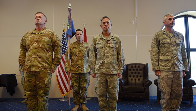 Leadership from the 39th Weapons System Security Group and 39th Operations Support Squadron conducts a change of command ceremony June 6, 2019, at Incirlik Air Base, Turkey. According to Air Force regulations, the primary purpose of a change of command ceremony is to allow subordinates to witness the formal command change from one officer to another. (U.S. Air Force photo by Senior Airman Joshua Magbanua)