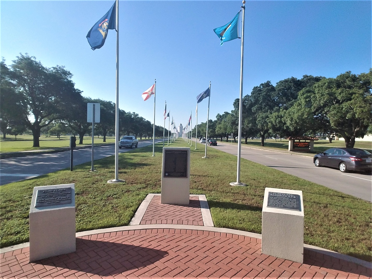 The flags - one for each state of the 50 U.S. states - compliment the landmark Taj Mahal, June 7, 2019, Joint Base San Antonio-Randolph, Texas. The flags on Harmon Drive were officially dedicated by the Air Force Sergeants Association, Chapter 1075, on Feb. 27, 1985.
