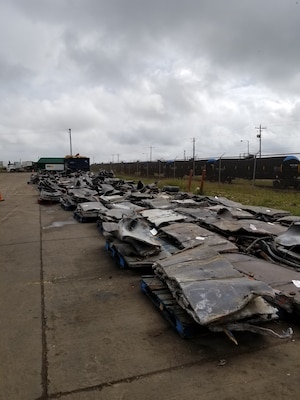 Sectioned pieces of steel from the STURGIS vessel are seen stacked and prepared for recycling February 26, 2019 during the vessel’s shipbreaking in Brownsville, Texas. The U.S. Army Corps of Engineers, Baltimore District managed the final decommissioning and dismantling of the STURGIS, the Army’s former floating nuclear power plant, and in addition to safely removing more than 1.5 million pounds of radioactive material the project team was able to recycle approximately 600,000 pounds of lead and more than 5,000 tons of steel and other assorted recyclables.