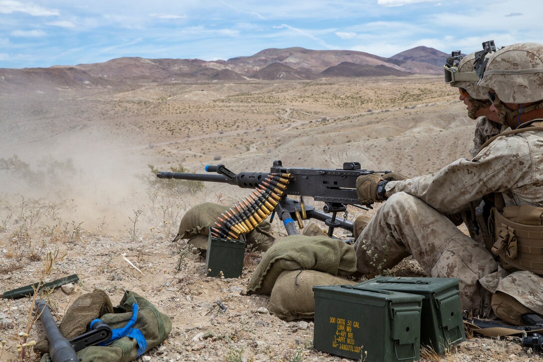 U.S. Marine Corps Lance Cpl. Jonathan Tigertailgomez, a machine gunner with 1st Battalion, 5th Marine Regiment, 1st Marine Division, fires a M2 Browning .50-caliber machine gun during an integrated training exercise at Marine Corps Air Ground Combat Center, Twentynine Palms, California, April 28, 2019.