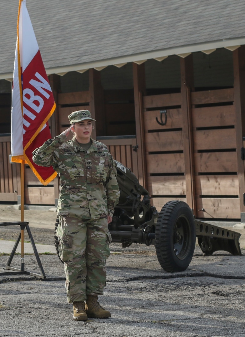 Capt. Stephanie E. Hecker, incoming commander for the U.S. Army North Headquarters Support Company, renders her first salute during a change of command ceremony at the Joint Base San Antonio-Fort Sam Houston stables June 3. The change of command ceremony represents the passing of responsibilities for a unit from the outgoing commander to the incoming commander.