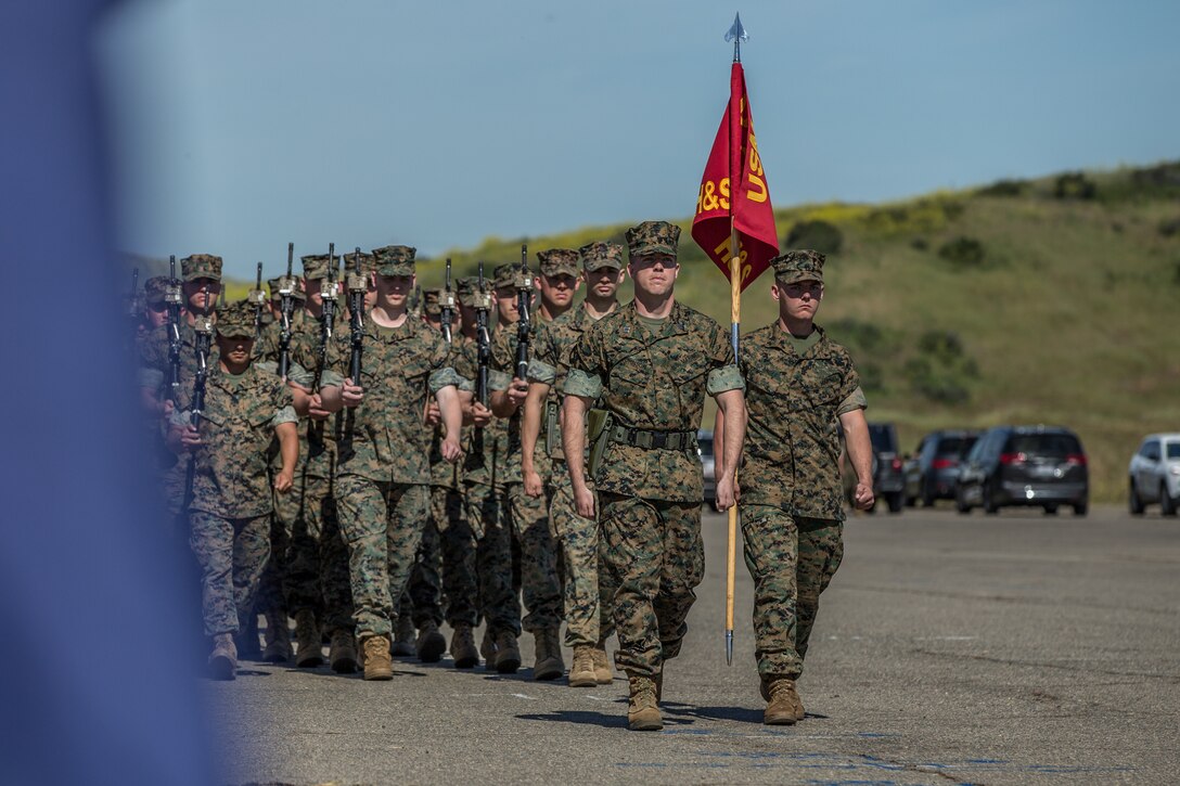 U.S. Marines with 3rd Battalion, 1st Marine Regiment, 1st Marine Division, march during a change of command ceremony at Marine Corps Base Camp Pendleton, California, April 18, 2019.