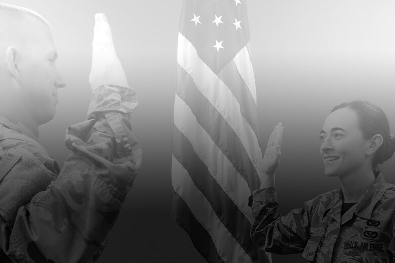 U.S. Air Force 2nd Lt. Cody Burt, 307th Bomb Wing public affairs officer, renders the oath of enlistment to Staff Sgt. Callie Ware, 307th Bomb Wing public affairs specialist at Barksdale Air Force Base, Louisiana, June 2, 2019.  Burt, who graduated from Officer Training School only the week before, was giving his first oath of enlistment ever.  (Courtesy photo illustration) (This photo changed to black and white from color with gradient added)