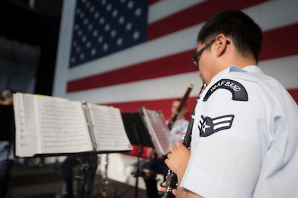 Airman 1st Class Louis Kim, a clarinet player with the U.S. Air Force Heritage Winds, performs for veterans and community members June 6th, 2019, in Mount Pleasant, S.C.