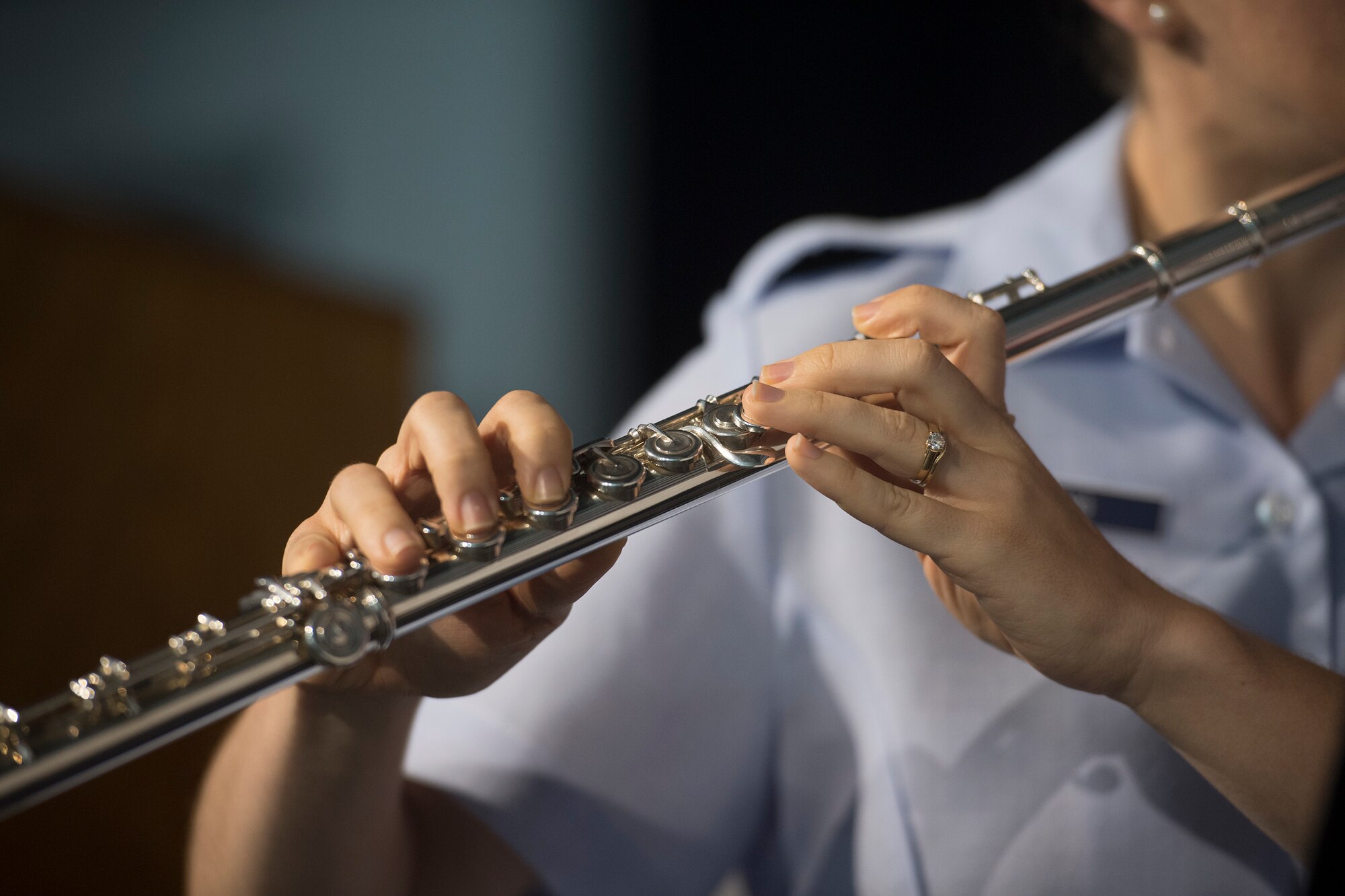 Airman 1st Class Andrea Murano, a flute player with the U.S. Air Force Heritage Winds, performs for veterans and community members June 6, 2019, in Mount Pleasant, S.C.