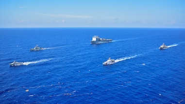 Vessels from the U.S., Canada, Dominican Republic, United Kingdom and Mexico go underway to participate in the photo exercise, Tradewinds 2019.