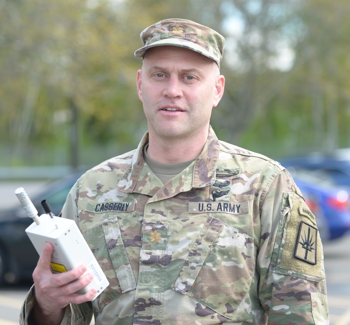 New York Army National Guard Major Keith Casserly with the atmospheric sampler he used to conduct a study of particulate air pollution along bus routes  in Albany, N.Y.  outside New York National Guard headquarters in Latham on May 15, 2019. Casserly conducted the study as part of his studfies toward a Masters in Public Health and was recognized by the State University of New York, Albany, with an award for Excellence in Scholarship.